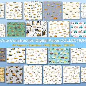 May include: A selection of digital papers showcasing construction vehicles such as diggers, lorries, and cranes in diverse patterns. The designs feature repeating patterns of yellow, blue, and grey vehicles on white and coloured backgrounds. Text reads "Cute Construction Digital Paper Collection".
