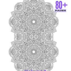 May include: A black and white coloring book page featuring two stacked, intricate mandala designs with floral patterns. The text 80+ PAGES is visible in the top right corner, and the text Volume 1 is centered at the bottom.
