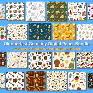 Könnte beinhalten: Ein digitales Papierpaket mit 42 nahtlosen Mustern zum Thema Oktoberfest, darunter Bierkrüge, Brezeln, Würstchen, deutsche Flaggen, Hüte und traditionelle Kleidung. Der Text lautet Oktoberfest Germany Digital Paper Bundle 42 Papers Seamless PNG 3600px 300 DPI.