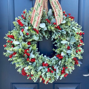 Christmas Wreath, Xmas Berry, Boxwood Wreath, Lambs Ear Wreath, All Season Wreath, Christmas Wreath for Front Door, Farmhouse Wreath