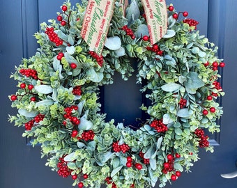 Winter Wreath: Farmhouse Eucalyptus, Lambs Ear & Red Berries