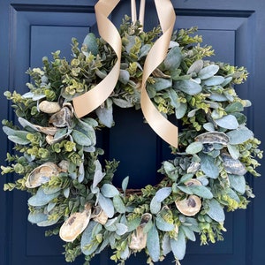 Nautical Wreath for Front Door, Oyster Shell Wreath, Spring Wreath, Beach Decor, Shell Wreath, Christmas Wreath, Beach House, Lambs Ear