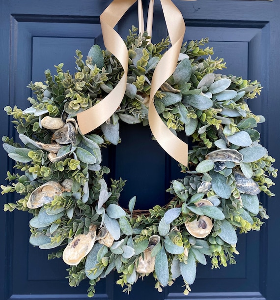 Nautical Wreath for Front Door Oyster Shell Wreath Spring Wreath