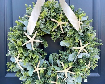 Starfish Wreath: Eucalyptus & Lambs Ear, Coastal Beach Decor