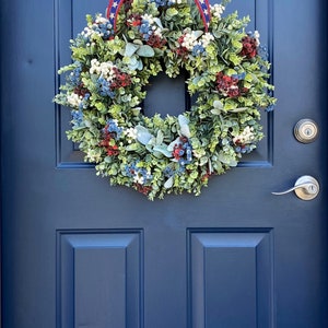 Patriotic Wreath for FrontDoor, Military, Americana, Memorial, Farmhouse, Red White & Blue, Fourth of July, Honor our Vets, Eucalyptus image 5