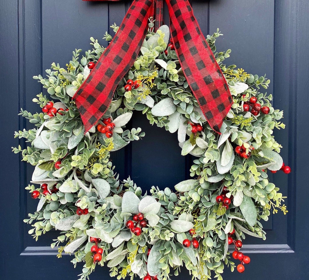 Christmas Wreath, Berry Wreath, Boxwood Wreath, Lambs Ear Wreath, Berry ...