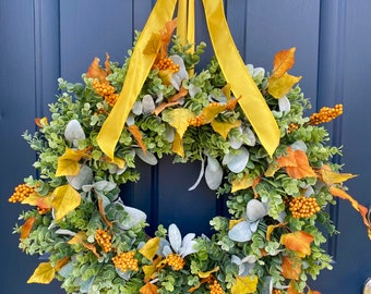 Fall Wreath for Front Door, Fall Wreath, NEW, Berry, Boxwood Wreath, Lambs Ear Wreath, Fall, Autumn Wreath, Pumpkin, Farmhouse Wreath