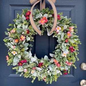 Spring & Summer Wreath,Wreath for Front Door,Lambs Ear Wreath,All Season Year Round Wreath,Grapevine Wreath,Farmhouse Wreath,Best Seller image 6