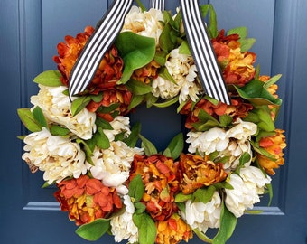 Fall Peony Wreath for Front Door, Peony Wreath For Front Door, Fall Colors, Peony Wreath, Rust and Cream Peony Wreath, Front Door Wreath