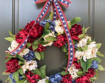 Patriotic Wreath for FrontDoor, Military, Americana, Memorial, Modern Farmhouse, Red White & Blue, Fourth of July, Honor our Vets, Peony