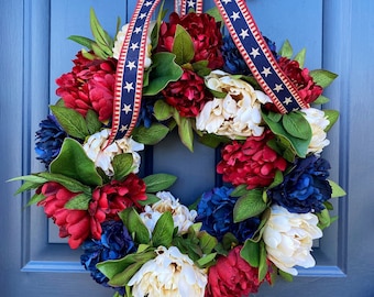 Patriotic Wreath for FrontDoor, Military, Americana, Memorial, Modern Farmhouse, Red White & Blue, Fourth of July, Honor our Vets, Peony