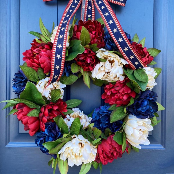 Patriotic Wreath For Front Door, Americana Front Door Wreath, Red White and Blue Decor, Peony Wreath