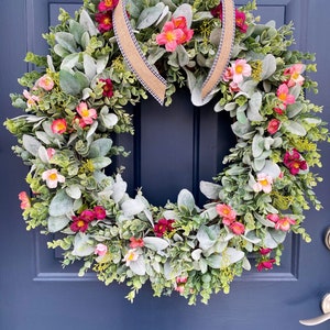 Spring & Summer Wreath,Wreath for Front Door,Lambs Ear Wreath,All Season Year Round Wreath,Grapevine Wreath,Farmhouse Wreath,Best Seller image 1