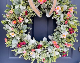 Spring & Summer Wreath, Wreath for Front Door, Lambs Ear Wreath, All Season Wreath, Year Round Wreath, Farmhouse Wreath