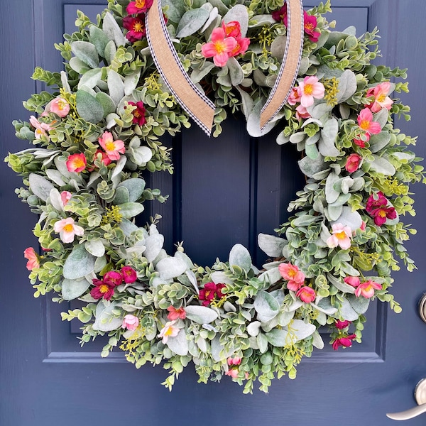 Spring & Summer Wreath,Wreath for Front Door,Lambs Ear Wreath,All Season Year Round Wreath,Grapevine Wreath,Farmhouse Wreath,Best Seller