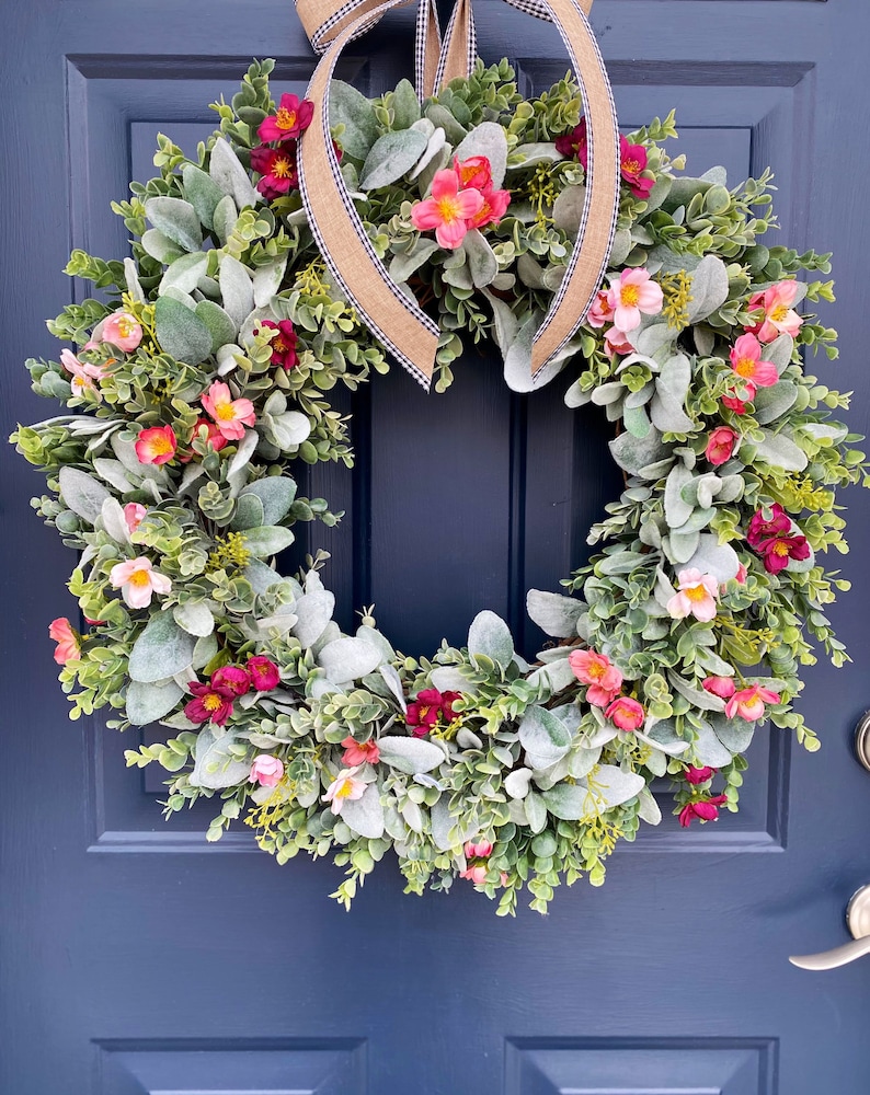 Spring & Summer Wreath,Wreath for Front Door,Lambs Ear Wreath,All Season Year Round Wreath,Grapevine Wreath,Farmhouse Wreath,Best Seller image 1