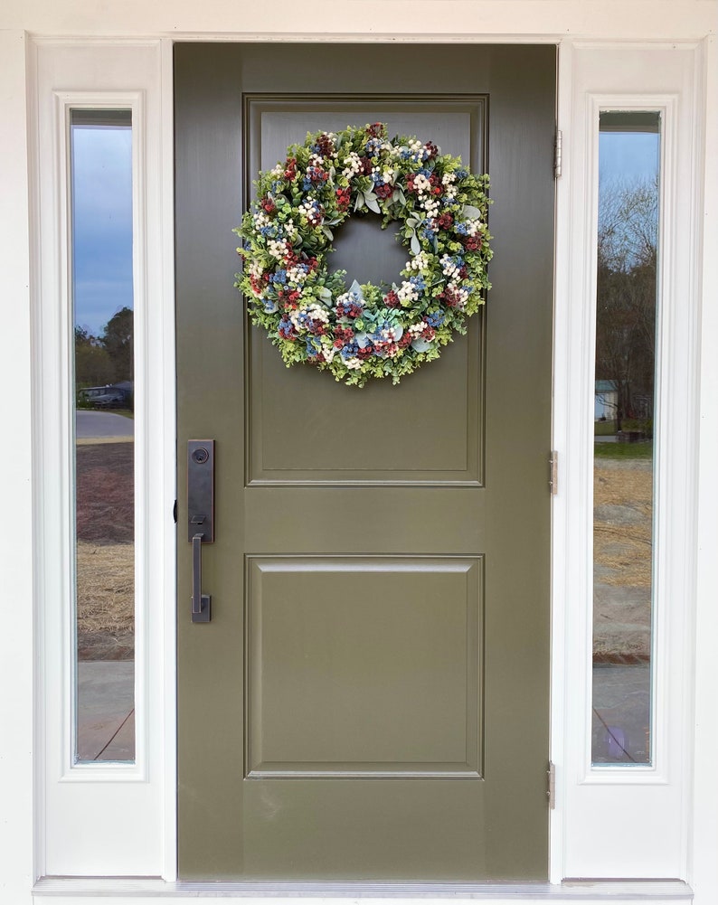 Patriotic Wreath for FrontDoor, Military, Americana, Memorial, Farmhouse, Red White & Blue, Fourth of July, Honor our Vets, Eucalyptus image 2