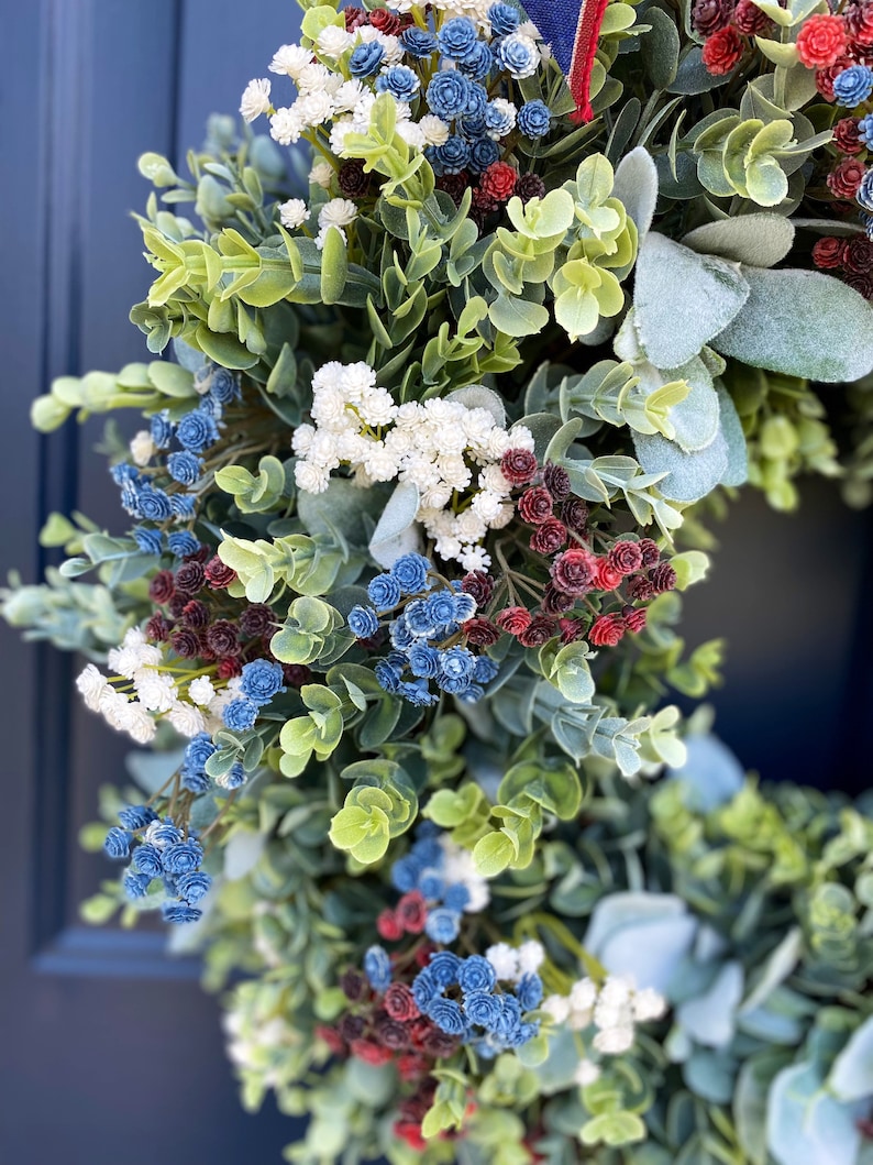 Patriotic Wreath for FrontDoor, Military, Americana, Memorial, Farmhouse, Red White & Blue, Fourth of July, Honor our Vets, Eucalyptus image 6