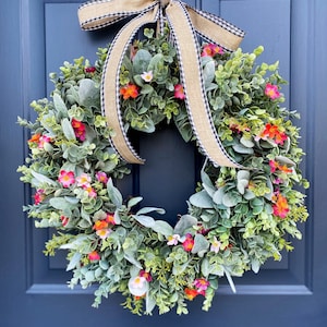 Wild Flower Wreath for Front Door, Spring Wreath, Farmhouse, Eucalyptus and  Lambs Ear Wreath, Summer Wreath, All Season Wreath, Gift Wreath