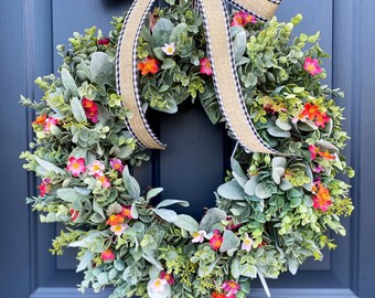 Wild Flower Wreath for Front Door, Spring Wreath, Farmhouse, Eucalyptus and  Lambs Ear Wreath, Summer Wreath, All Season Wreath, Gift Wreath