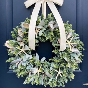 Coastal Wreath for Front Door, Oyster Shell Wreath, Sea Shell Wreath, Beach Decor, Beach Wreath, Nautical Wreath, Starfish, Ocean image 2