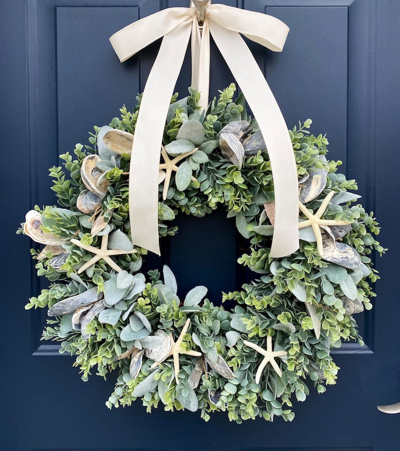 Coastal Wreath for Front Door, Oyster Shell Wreath, Sea Shell Wreath, Beach Decor, Beach Wreath, Nautical Wreath, Starfish, Ocean image 2