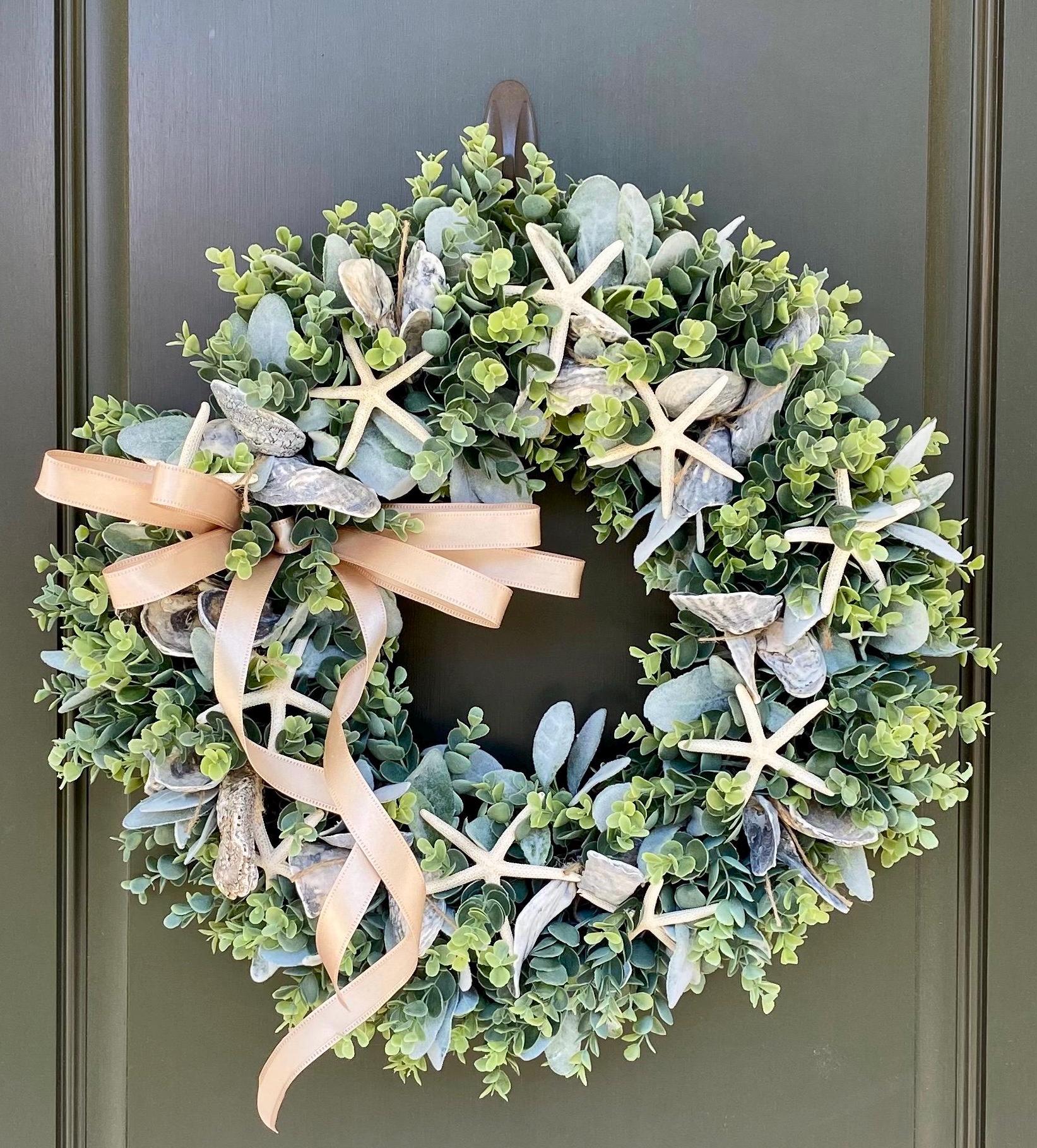 Oyster Shell Wreath for Front Door, Starfish Wreath, Eucalyptus