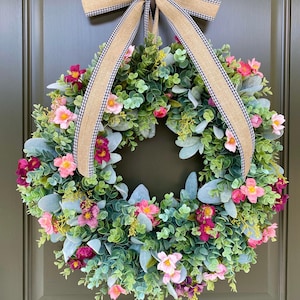Eucalyptus & Pink Flower Wreath: Spring Summer Door Decor