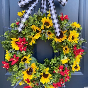 Sunflower Wreath for Front Door, Spring and Summer All Season Wreath, Modern Farmhouse Wreath, Elegant and Bright Sunflower Wreath