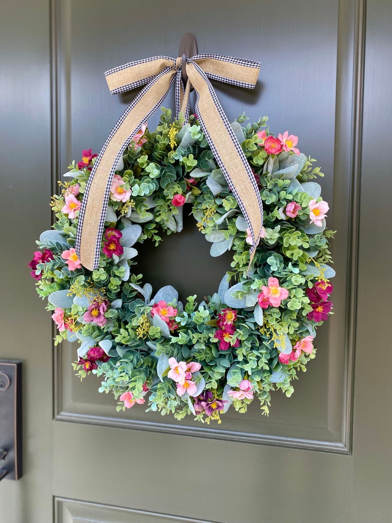 Spring & Summer Wreath,Wreath for Front Door,Lambs Ear Wreath,All Season Year Round Wreath,Grapevine Wreath,Farmhouse Wreath,Best Seller image 5