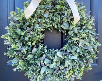 Front Door Lavender Wreath, Spring and Summer All Season Wreath, Wedding Wreath, Farmhouse Wreath, Eucalyptus Wreath, Lambs Ear, Bridal