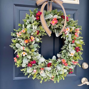 Spring & Summer Wreath,Wreath for Front Door,Lambs Ear Wreath,All Season Year Round Wreath,Grapevine Wreath,Farmhouse Wreath,Best Seller image 4