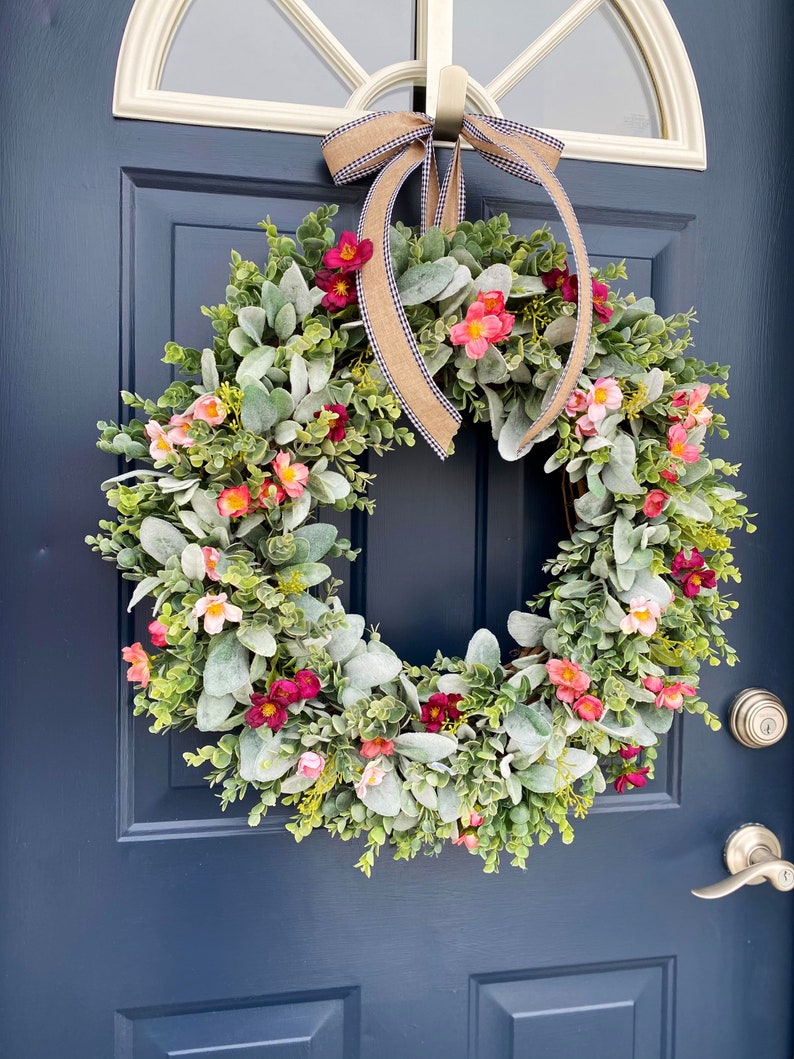 Spring & Summer Wreath,Wreath for Front Door,Lambs Ear Wreath,All Season Year Round Wreath,Grapevine Wreath,Farmhouse Wreath,Best Seller image 4