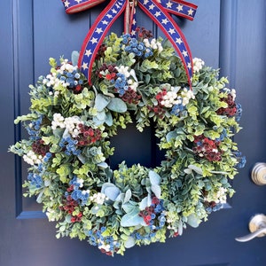 Patriotic Wreath for FrontDoor, Military, Americana, Memorial, Farmhouse, Red White & Blue, Fourth of July, Honor our Vets, Eucalyptus image 3