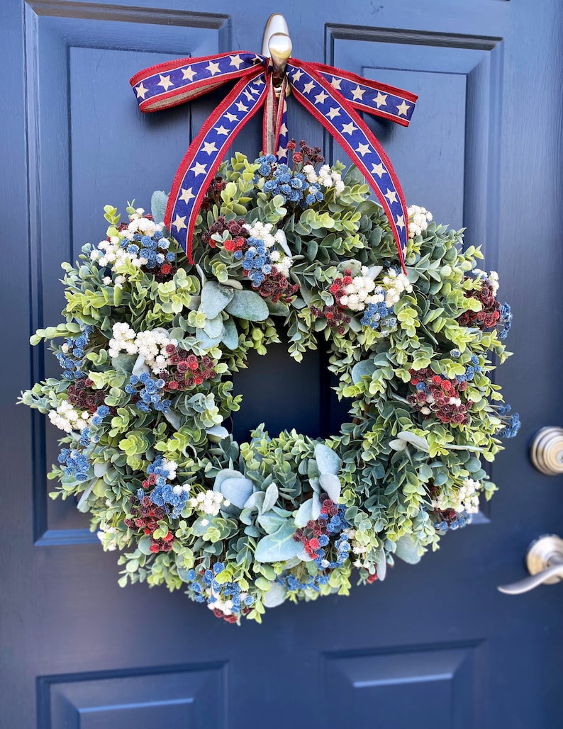 Patriotic Wreath for FrontDoor, Military, Americana, Memorial, Farmhouse, Red White & Blue, Fourth of July, Honor our Vets, Eucalyptus image 3