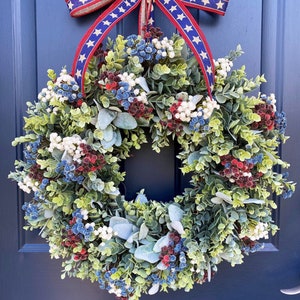 Patriotic Wreath for FrontDoor, Military, Americana, Memorial, Farmhouse, Red White & Blue, Fourth of July, Honor our Vets, Eucalyptus image 1