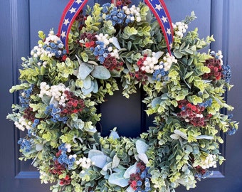 Patriotic Wreath for FrontDoor, Military, Americana, Memorial, Farmhouse, Red White & Blue, Fourth of July, Honor our Vets, Eucalyptus