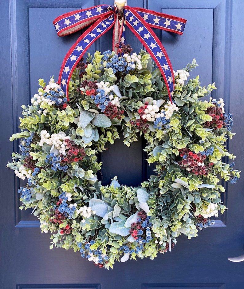 Patriotic Wreath for FrontDoor, Military, Americana, Memorial, Farmhouse, Red White & Blue, Fourth of July, Honor our Vets, Eucalyptus image 1