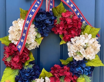 Patriotic Wreath for Front Door, Wreath, Military, Americana, Memorial,  Farmhouse, Red White & Blue, Fourth of July, Veteran , Hydrangea