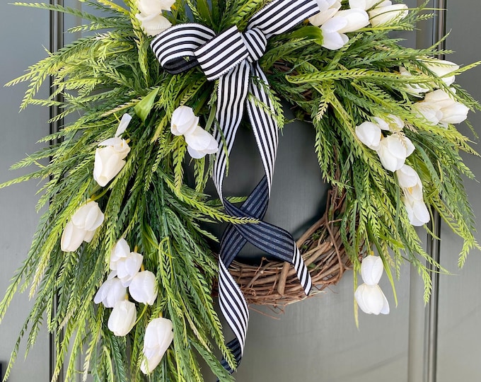Spring Wreath for Front Door, Tulip Wreath for Front Door, Spring ...