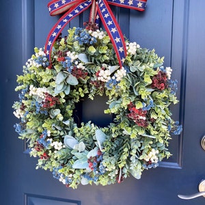 Patriotic Wreath for FrontDoor, Military, Americana, Memorial, Farmhouse, Red White & Blue, Fourth of July, Honor our Vets, Eucalyptus image 4