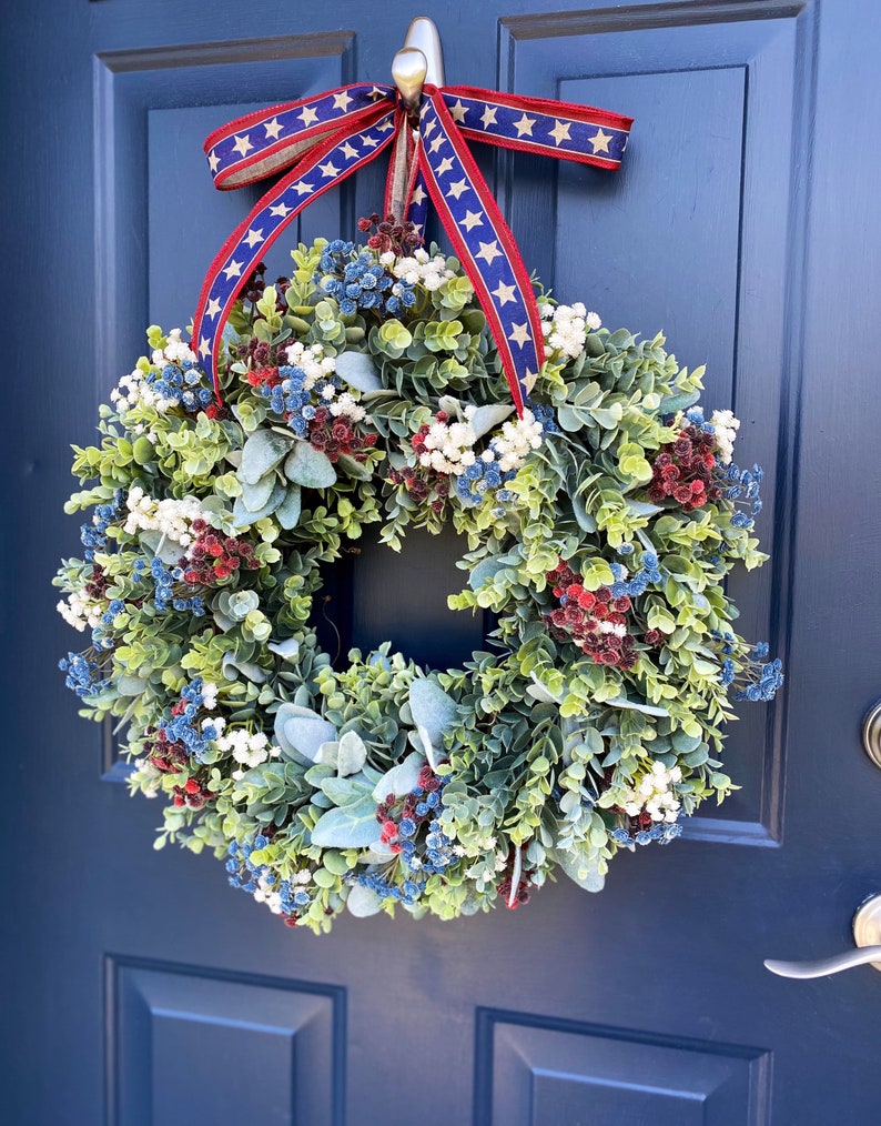 Patriotic Wreath for FrontDoor, Military, Americana, Memorial, Farmhouse, Red White & Blue, Fourth of July, Honor our Vets, Eucalyptus image 4
