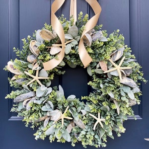 Coastal Wreath for Front Door, Oyster Shell Wreath, Sea Shell Wreath, Beach Decor, Beach Wreath, Nautical Wreath, Starfish, Ocean