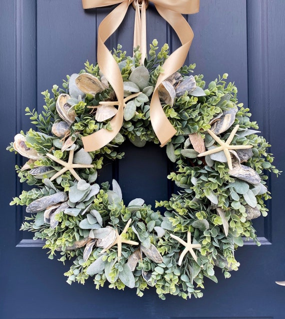 Starfish Wreath for Front Door, Oyster Shell Wreath, Eucalyptus