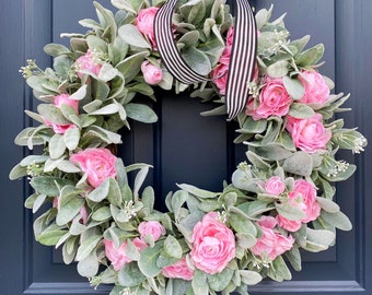 Wreath for Front Door, Spring and Summer All Season Wreath, Wedding Wreath, Farmhouse Wreath, Eucalyptus Wreath, Lambs Ear, Bridal Decor