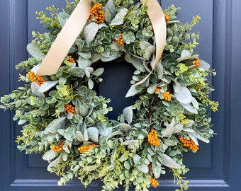 Fall Berry Wreath, Fall Wreath, Fall Wreath for Front Door, Lambs Ear Wreath, Fall, Autumn Wreath, Grapevine, Farmhouse Wreath