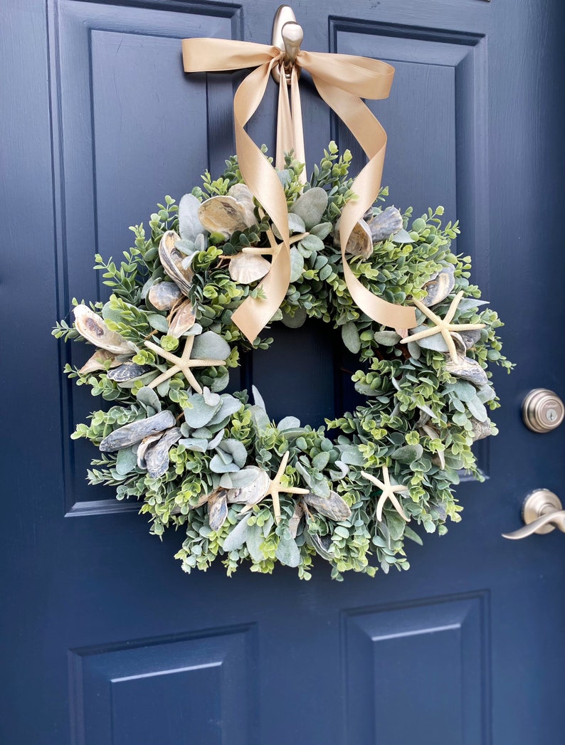 Coastal Wreath for Front Door, Oyster Shell Wreath, Sea Shell Wreath, Beach Decor, Beach Wreath, Nautical Wreath, Starfish, Ocean image 3