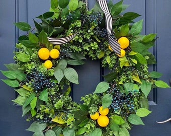 Spring & Summer Wreath, Lemon Wreath, All Season Year Round Wreath, Grapevine Wreath, Wreath for Front Door, Blue Berries, Farmhouse Wreath