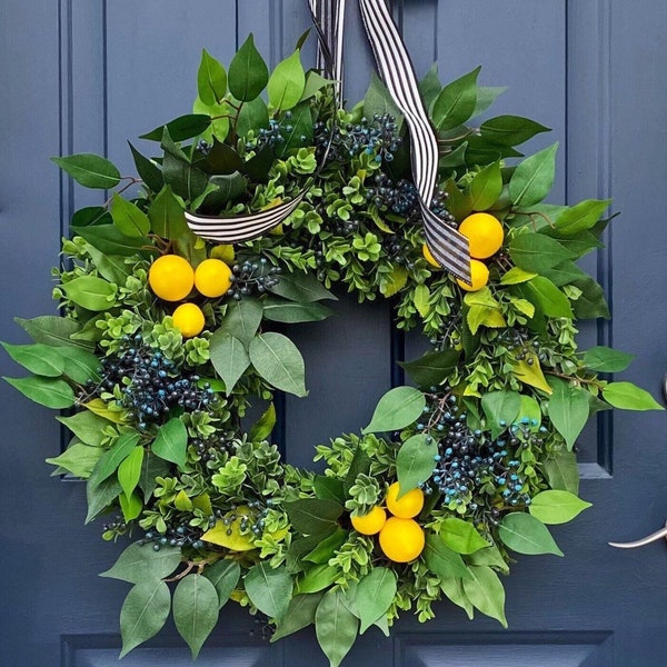 Spring & Summer Wreath, Lemon Wreath, All Season Year Round Wreath, Grapevine Wreath, Wreath for Front Door, Blue Berries, Farmhouse Wreath