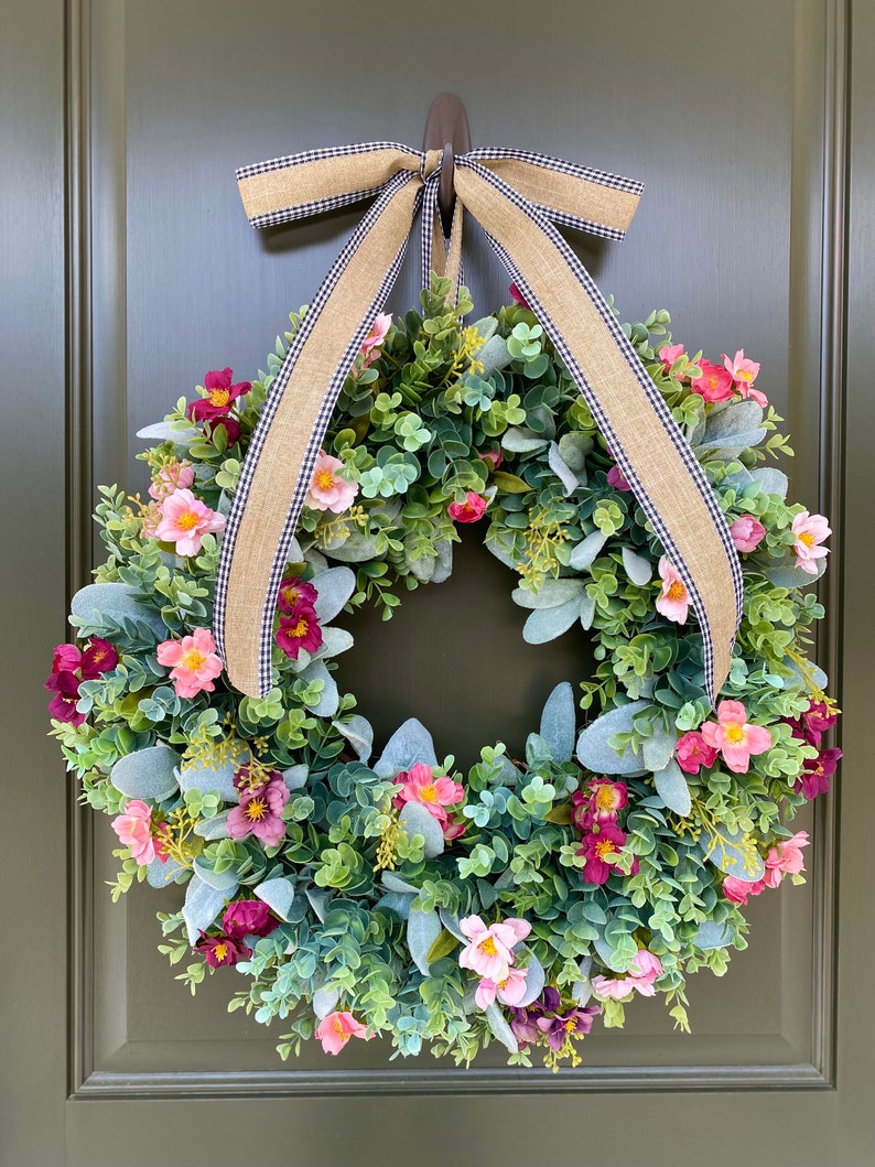 Spring & Summer Wreath,Wreath for Front Door,Lambs Ear Wreath,All Season Year Round Wreath,Grapevine Wreath,Farmhouse Wreath,Best Seller image 2